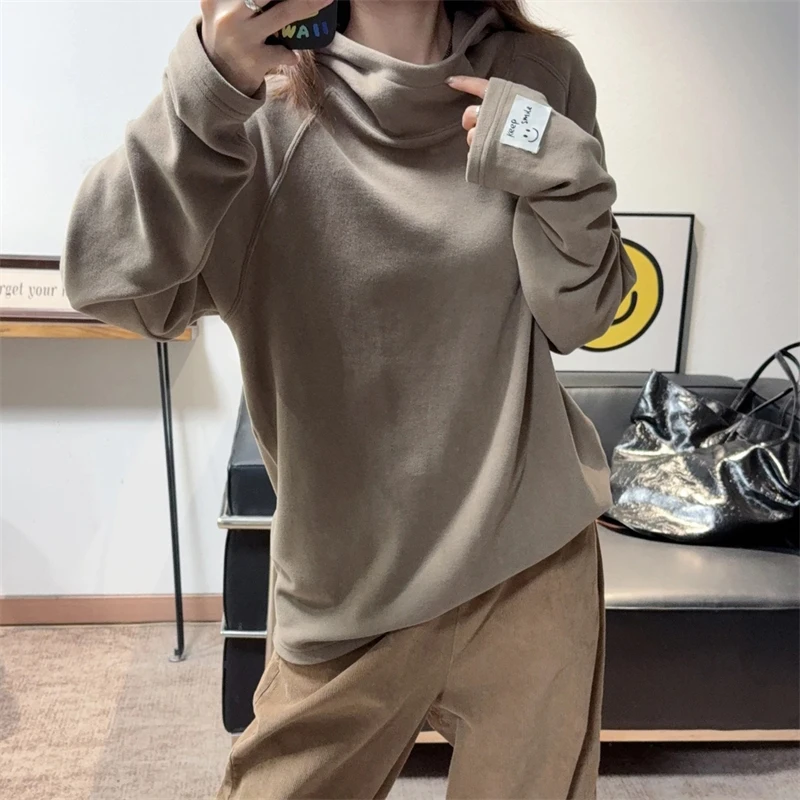 简约通勤今年流行打底衫上衣女2025春季新款纯色连帽设计长袖卫衣