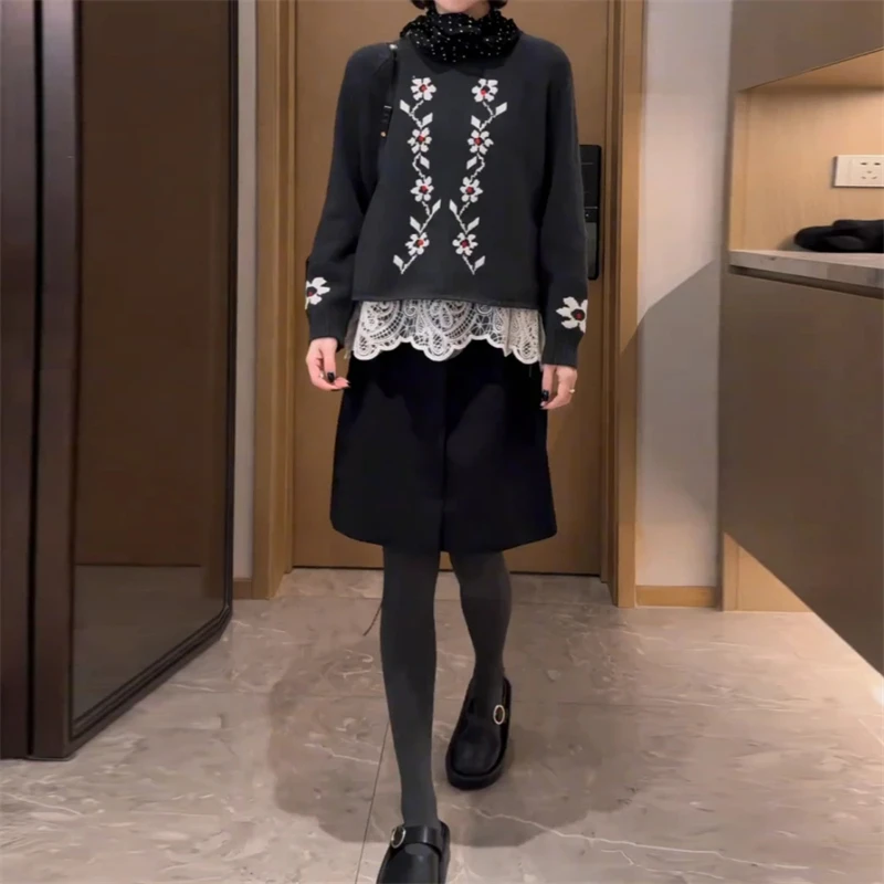 韩系时尚设计感套装女2025春季新款提花针织衫高腰纯色短裙两件套