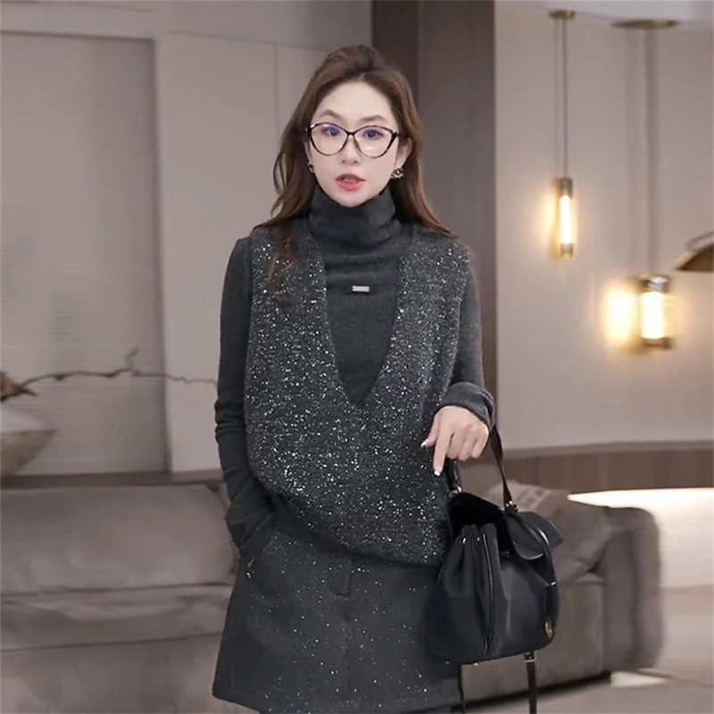 韩系气质时尚高级感套装女2025春季新款立领T恤亮片马甲两件套潮