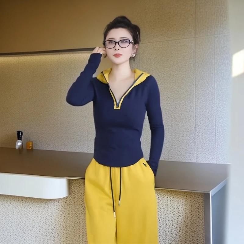 韩系温柔撞色拼接半拉链T恤女2025春季新款休闲小众洋气打底上衣