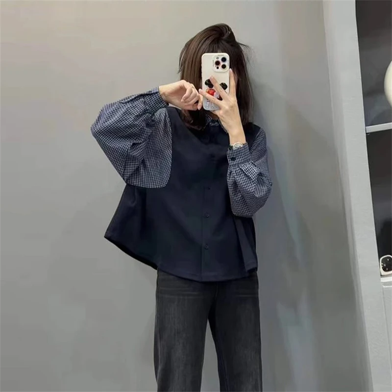 韩版格纹长袖拼接假两件衬衫女2025春季新款宽松显瘦设计感上衣潮
