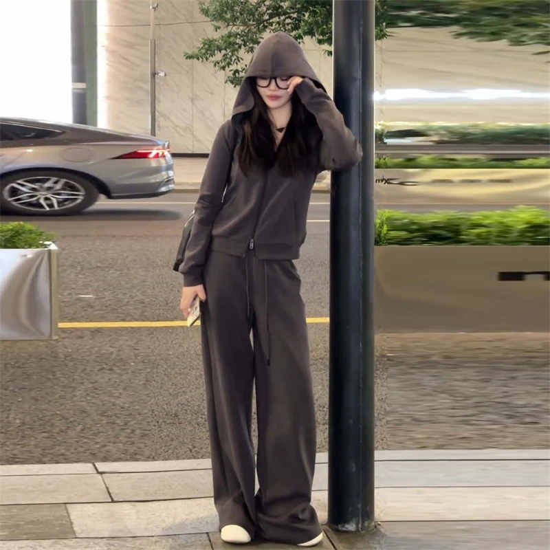 时尚潮流纯色连帽卫衣休闲裤套装女2025春季新款韩系百搭两件套