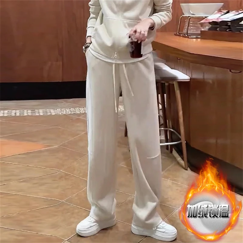 文艺加绒加厚纯色高腰直筒裤女2025冬季新款宽松显瘦设计百搭裤子