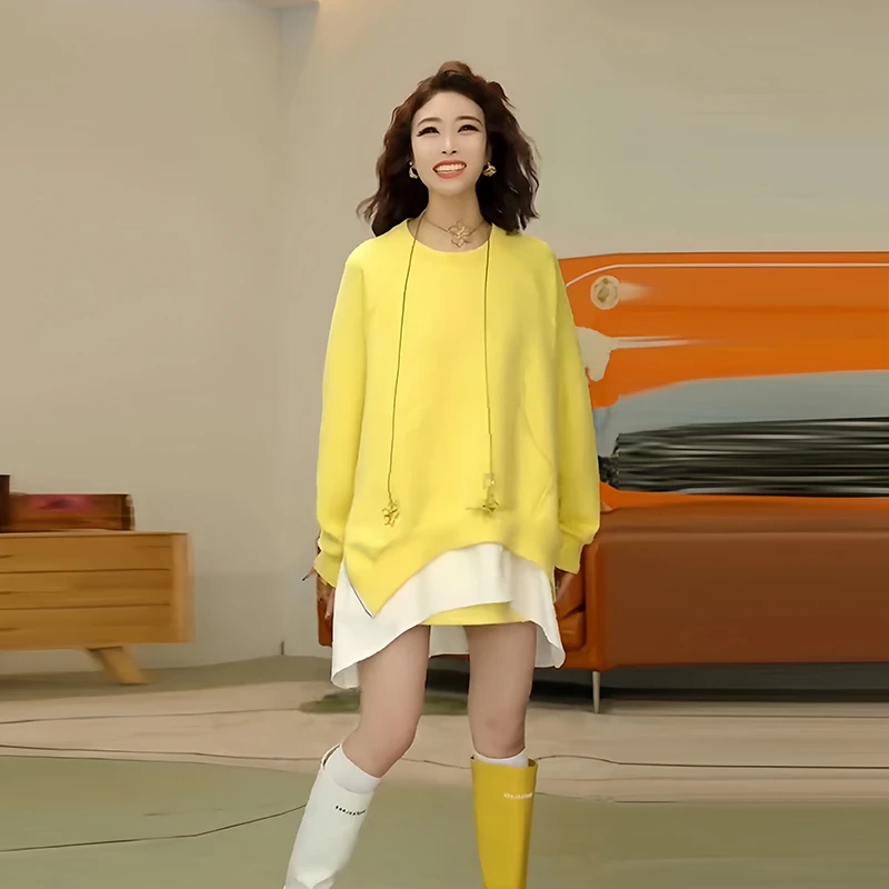 韩版时尚设计感减龄卫衣女2026春季新款下摆开叉拼接假两件上衣潮