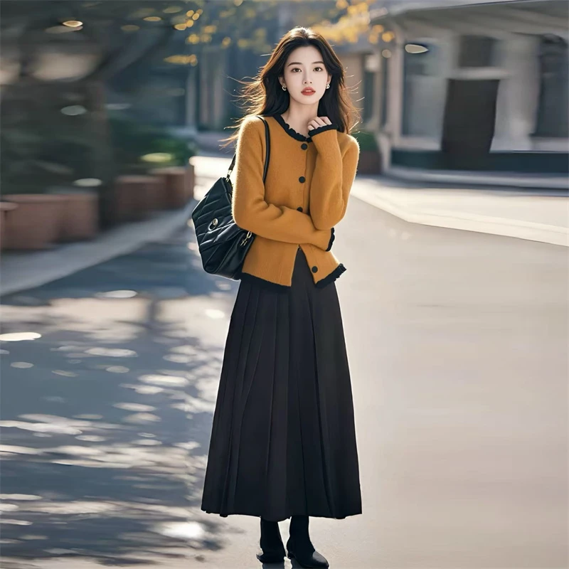 复古韩系拼接撞色针织衫百褶半身裙套装女2025冬季新款一整套穿搭