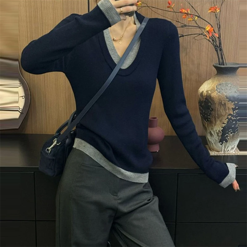 洋气韩系假两件纯色针织衫女2025春季新款设计感气质减龄打底上衣