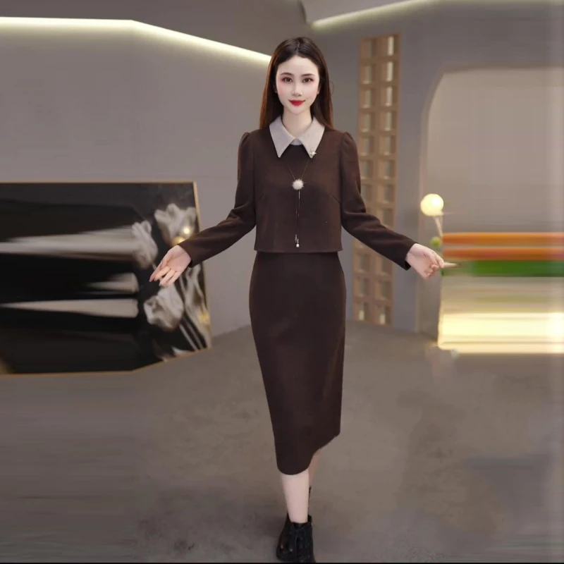 复古休闲纯色假两件上衣半身裙套装女2025春季新款宽松显瘦两件套