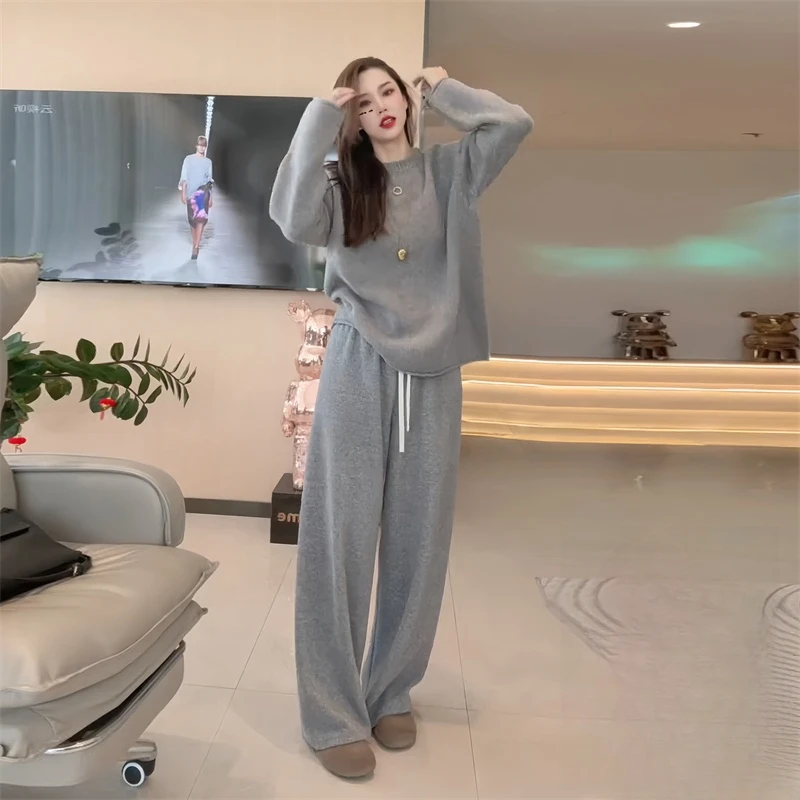 韩系纯色针织衫上衣高腰长裤女装2025春季新款百搭休闲简约一整套