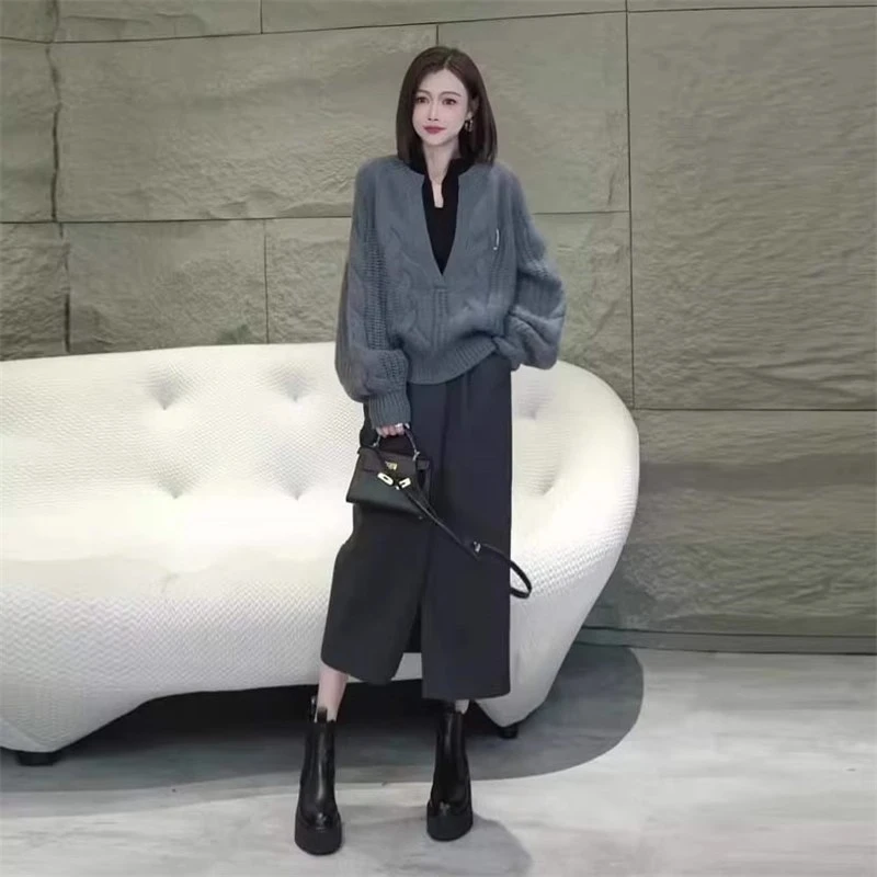 韩系拼接假两件针织衫开叉半身裙套装女2025春季新款设计感两件套
