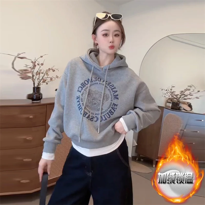 韩系通勤连帽印花加绒加厚卫衣女2025冬季新款宽松显瘦设计感上衣