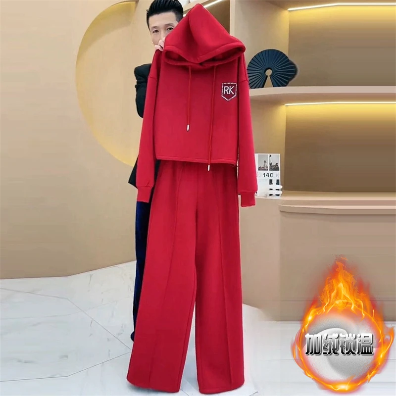 韩系冬季保暖时尚套装女新款加热加厚连帽卫衣休闲直筒裤子两件套