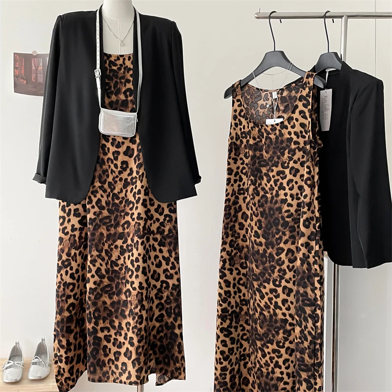 长袖春季女装时尚套装轻奢高级感西装外套豹纹气质吊带裙两件套潮