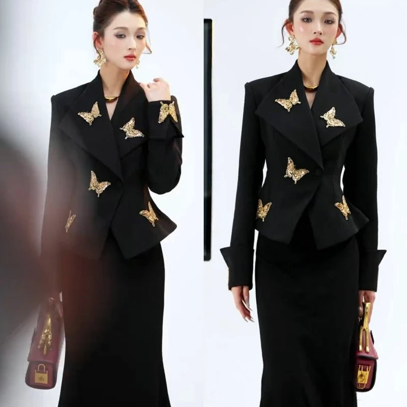 秋高级时尚女神短款收腰修身短西装韩版半身包臀裙英伦风套装3023