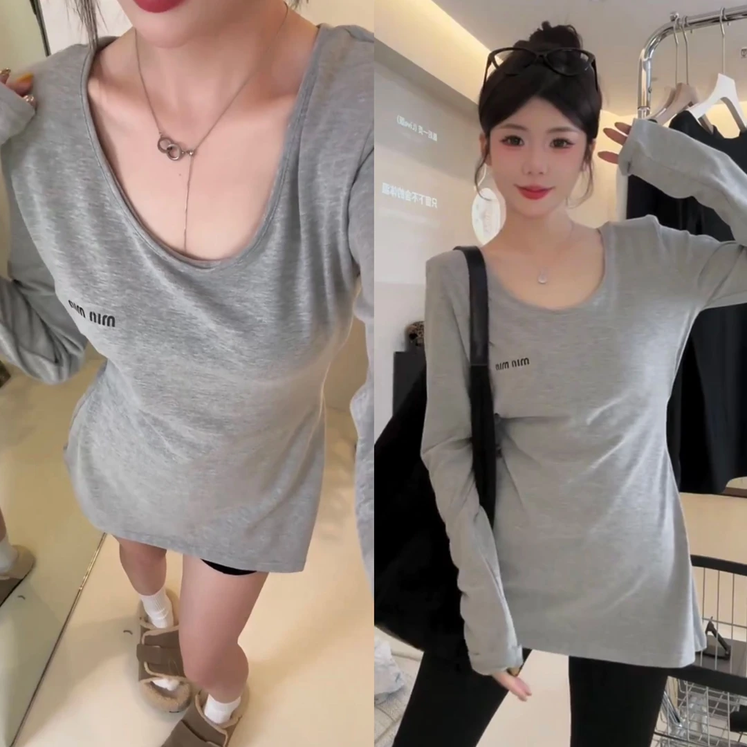 2024时尚字母印花修身显瘦长袖T恤女秋新款洋气百搭打底衫上衣