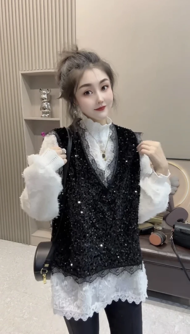 时尚亮片两件套上衣打底v领显瘦遮肉百搭小衫
