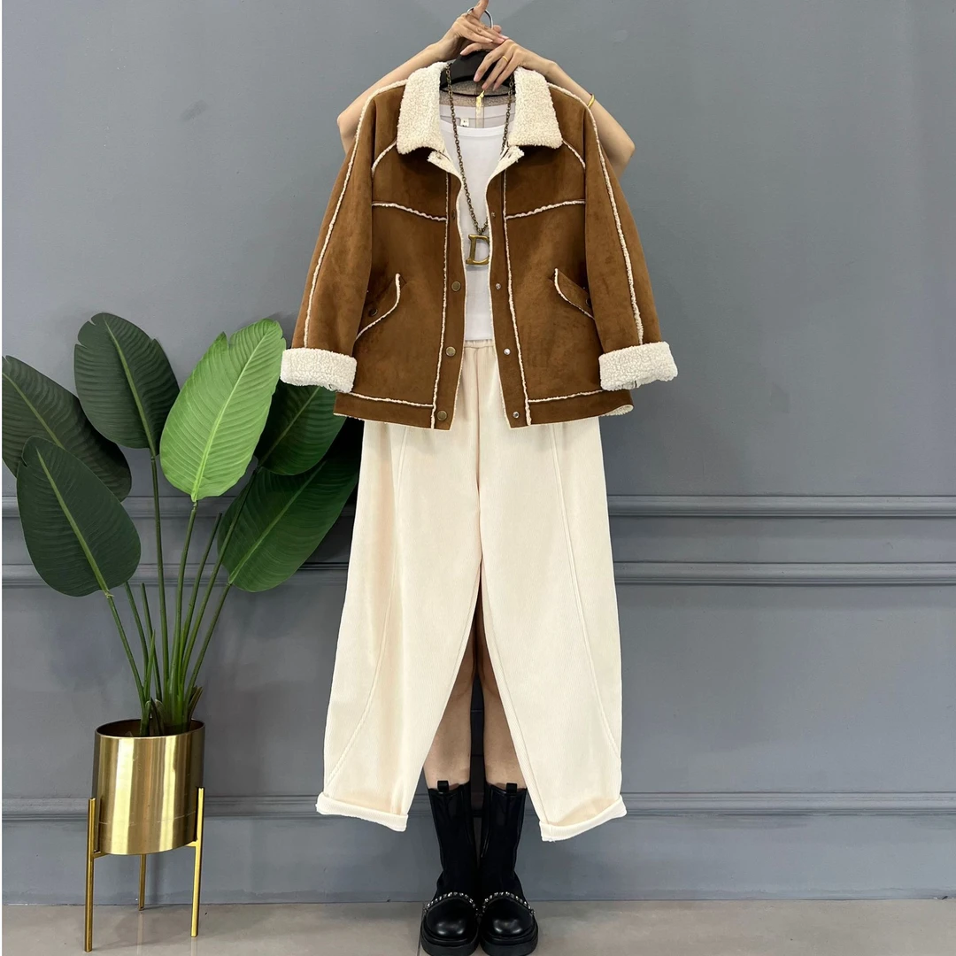 2024韩系宽松毛边拼接设计气质翻领秋冬厚款微胖女装休闲百搭套装
