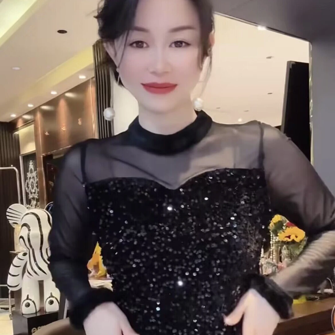 蕾丝拼接时尚亮片装饰法式气质网红轻奢长袖洋气修身显瘦连衣裙