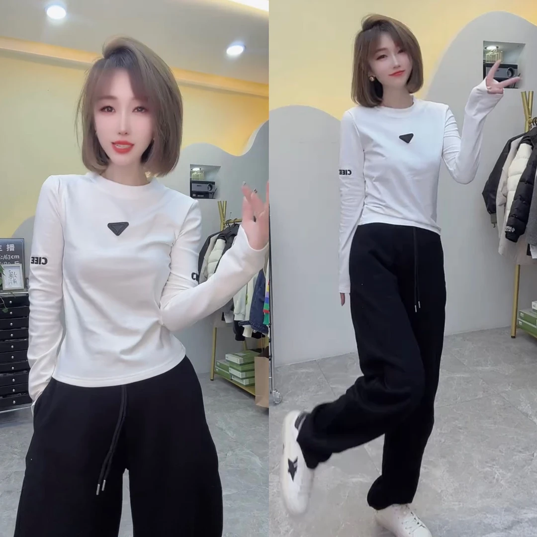品质欧货2024秋季新款三角贴标长袖T恤女时尚洋气减龄百搭上衣潮