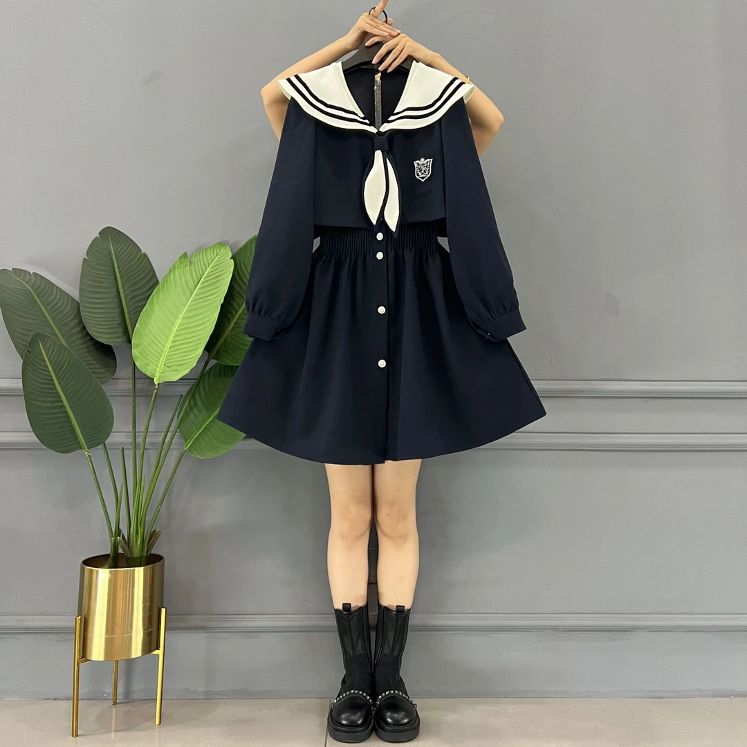 中长款甜美学院风减龄气质遮肉百搭显瘦2024女士洋气海军风连衣裙