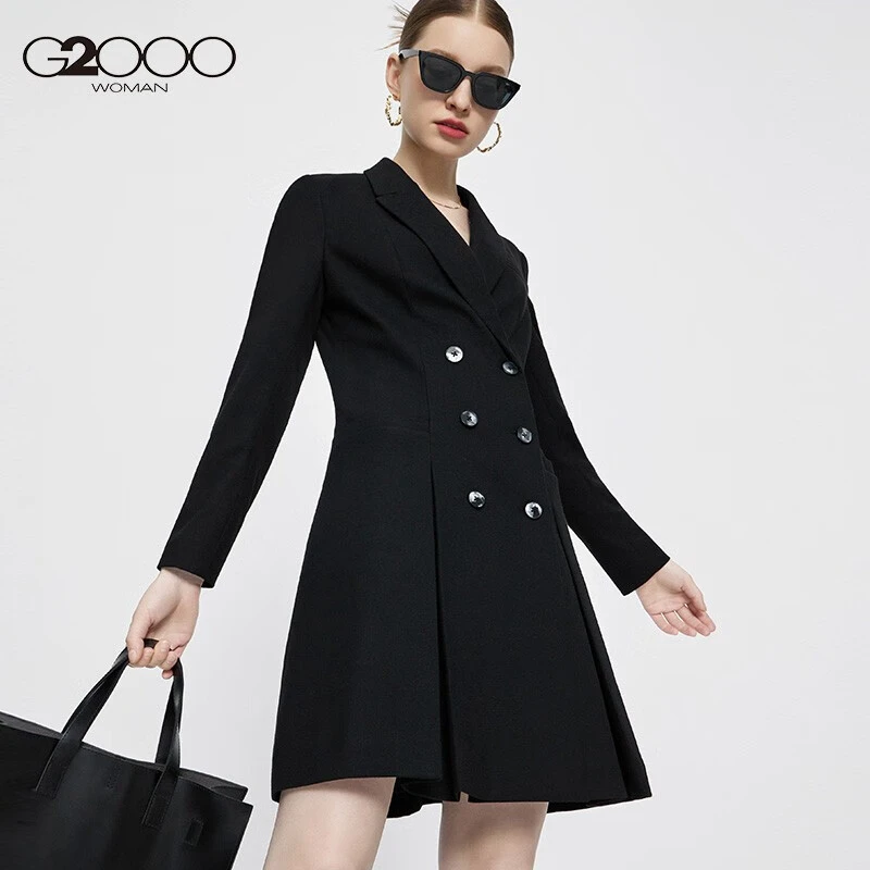 G2000女装商场新款长袖双排扣英伦风百褶连衣裙