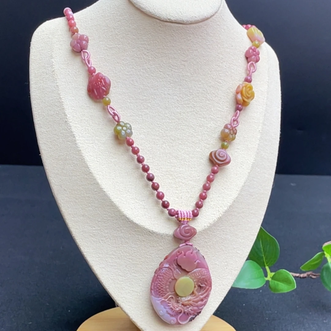 凤玺天然老矿盐源玛瑙精美手工编绳珠链龙牌毛衣链