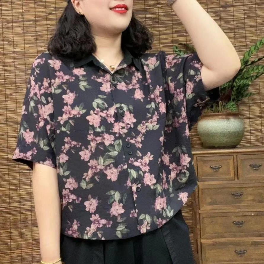 夏季双纽扣撞色小花衬衫T恤