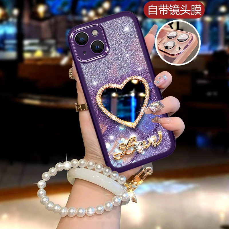 苹果15手机壳高级感透明闪粉iPhone15爱心镜子苹果十五自带镜头膜