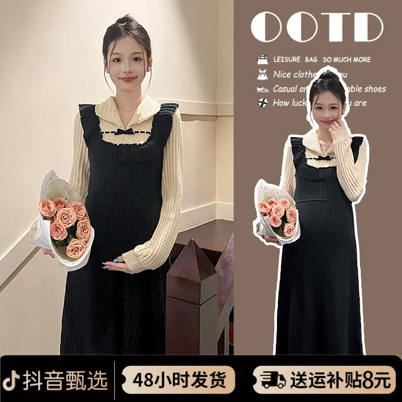 秋冬孕妇装时尚拼接假两件针织连衣裙气质显瘦复古黑裙