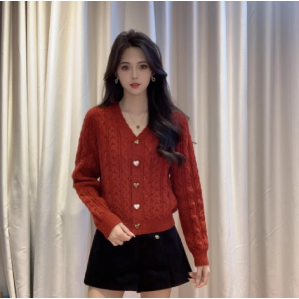 IEF/爱依服2024秋冬新款法式温柔V领麻花辫设计通勤百搭毛织外套