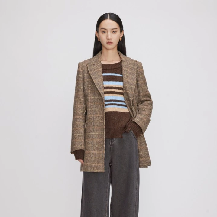 【达人专属现货】播格纹通勤时尚格气质毛呢外套DDQ4AD5119春日海棠