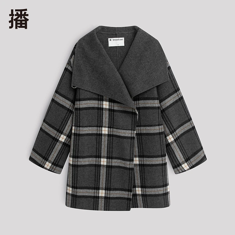 【艾钱钱专属】播毛呢中长款格子时尚韩版翻领大衣BDQ4AD1189