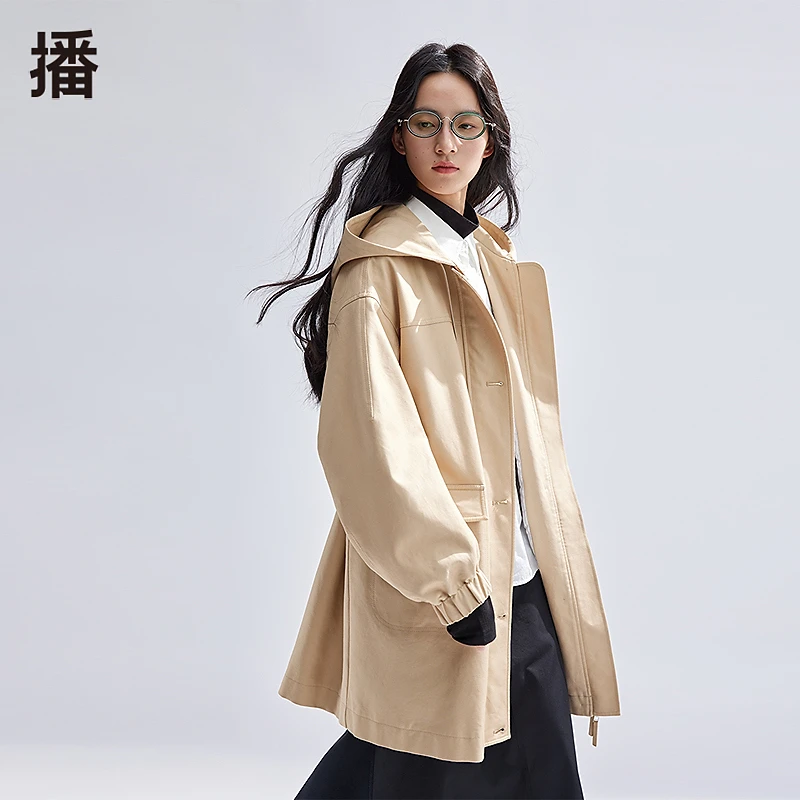播2024宽松连帽抽绳中长款风衣BDR1FD0283