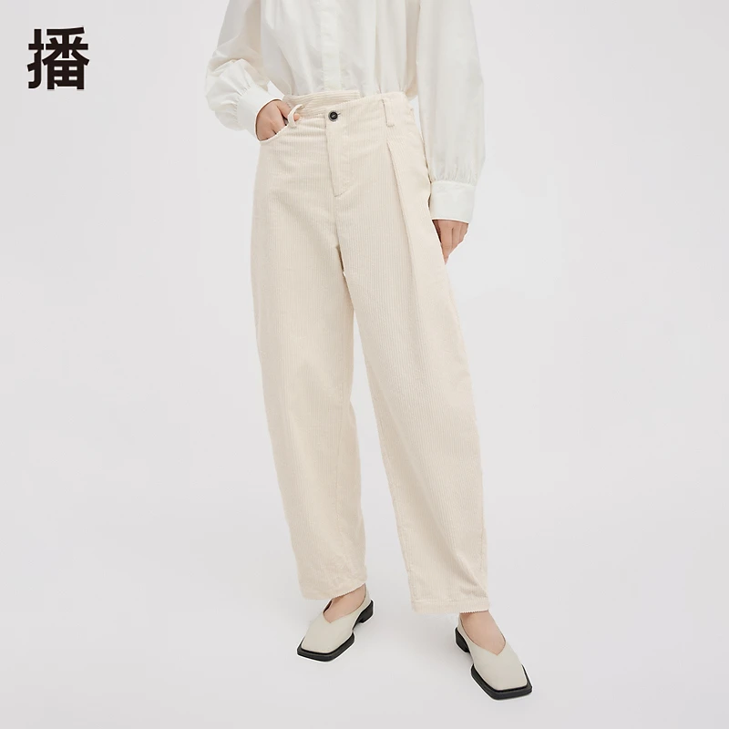 【达人专属】播纯色高腰时尚错落一粒扣门襟休闲裤DDQ4KD5472白色