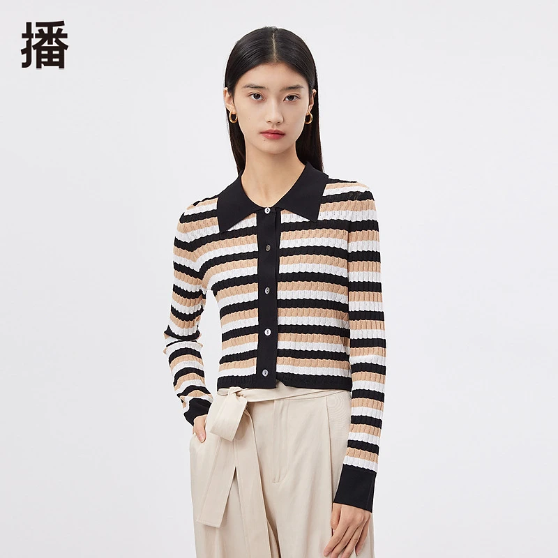 【达人专属现货】播条纹撞色翻领修身针织衫BDQ1UD0462