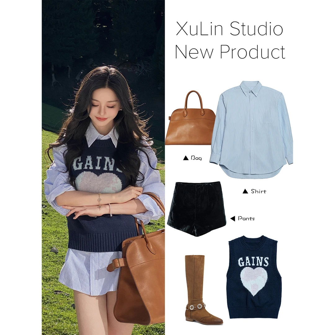 MINI STUDIO徐琳 清爽蓝色浅条纹棉质小翻领情侣衬衫x240437