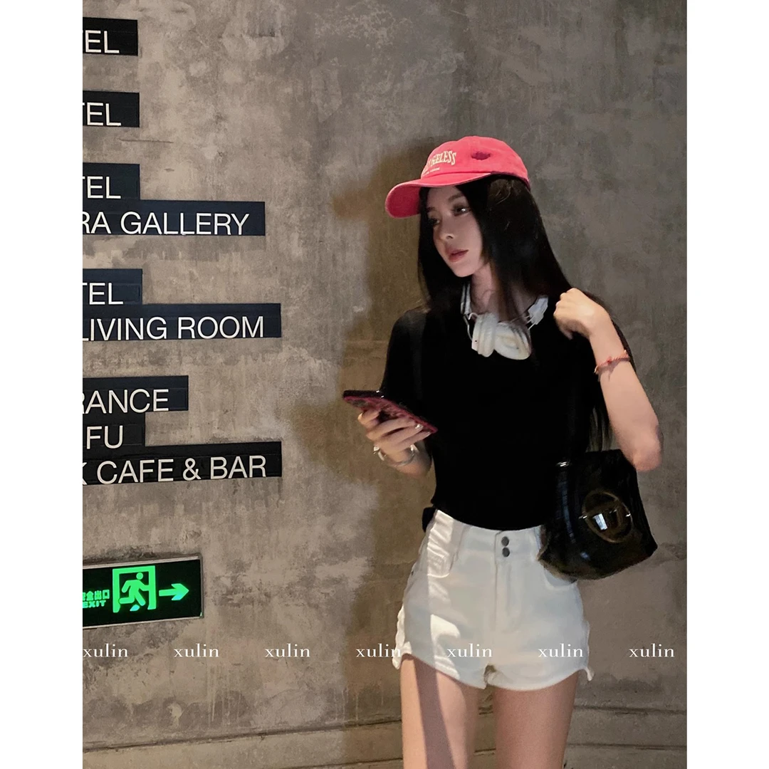 MINISTUDIO徐琳「腿精的夏天」挖口剪裁热辣丹宁牛仔短裤x230156