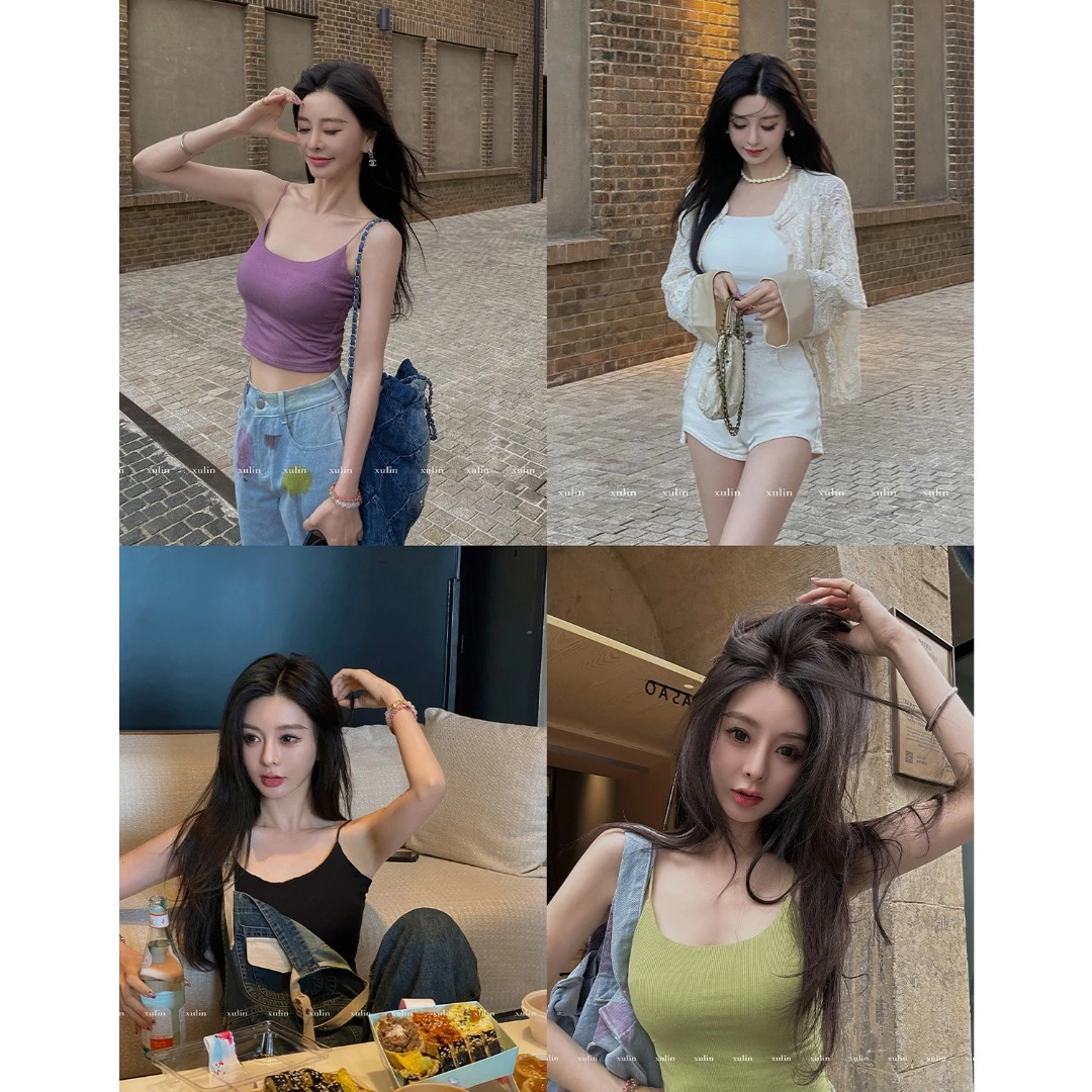 MINI STUDIO徐琳「甜布利」大U领坑条细吊带多色针织吊带x240164