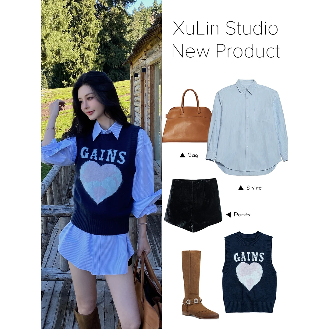 MINI STUDIO徐琳「恋爱拼图」爱心印花卡兰斯纱线针织马甲x240438