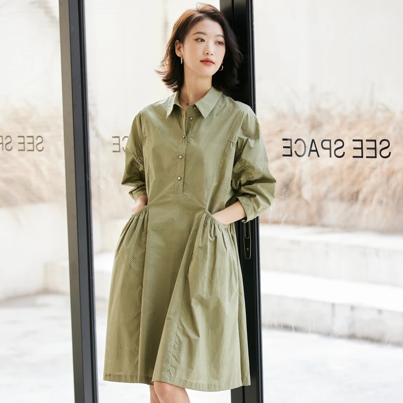 风笛2024秋季新款连衣裙女百搭宽松简约纯棉中长款七分袖衬衫裙