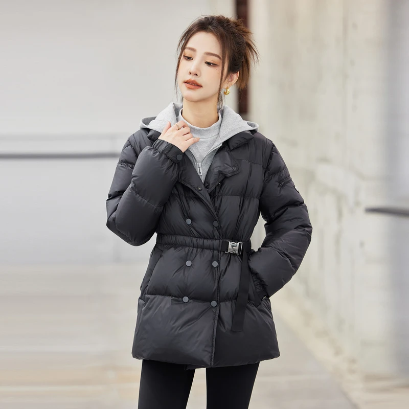风笛2024冬季新款假两件连帽鹅绒收腰羽绒服中长款小个子显瘦外套