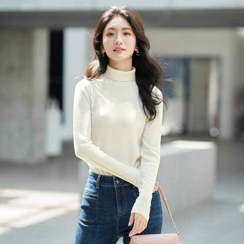 风笛2024新款100绵羊毛女高领毛衣内搭秋冬款通勤长袖针织打底衫