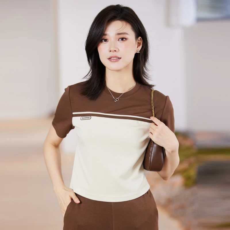 风笛2024夏季新款正肩棉短袖T恤女百搭减龄显瘦小个子圆领上衣女