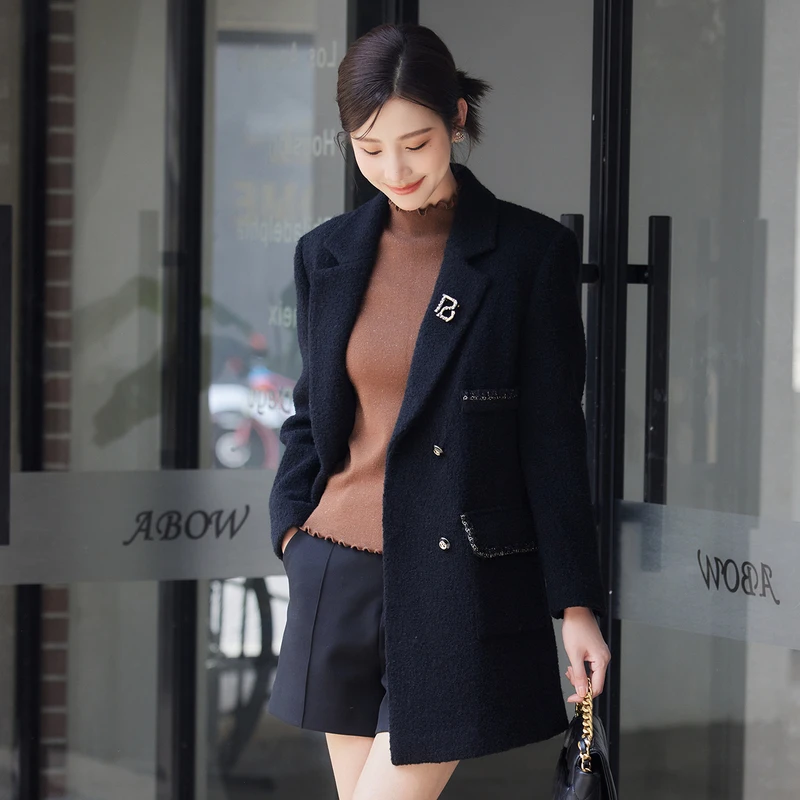 风笛2024秋冬新款毛呢外套女韩版休闲子宽松西装羊毛绵羊毛大衣