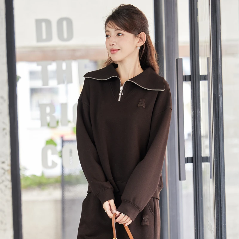 风笛2024冬秋冬新款女装复古松弛感拉链POLO立领百搭长袖卫衣女款