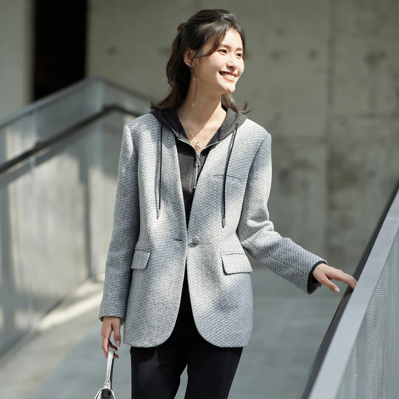 风笛2024冬装新款毛呢外套女绵羊毛西装式呢大衣气质宽松上衣西服