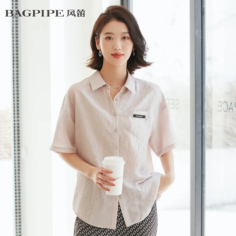 风笛2023夏季新款衬衫女百搭休闲短袖简约通勤抗皱衬衣