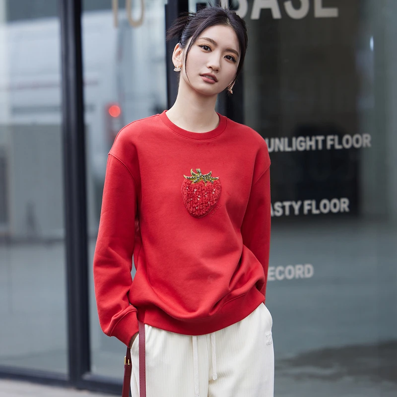 风笛2024冬季新款圆领套头棉质卫衣上衣秋冬黑色红色休闲卫衣同款