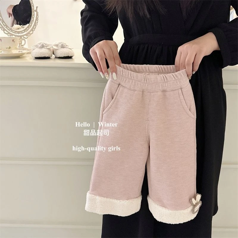 女童韩国童装女宝宝一体绒阔腿裤子兔子立体毛毛加绒休闲裤子加厚