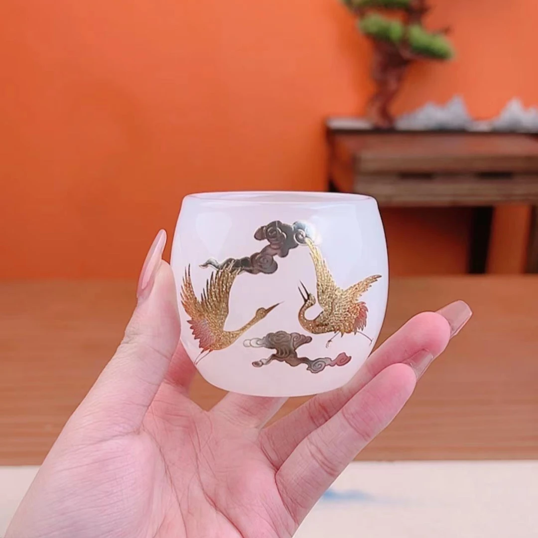 琉璃仙鹤祥云茶杯单杯白琉璃描金工艺客杯主人杯茶具