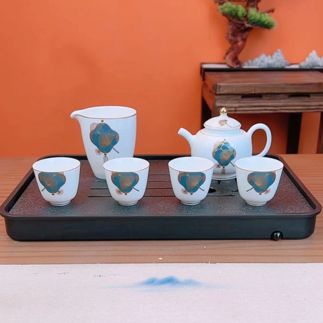 羊脂玉瓷茶壶套组 三生有杏一壶四杯白瓷陶瓷茶具（送茶盘）